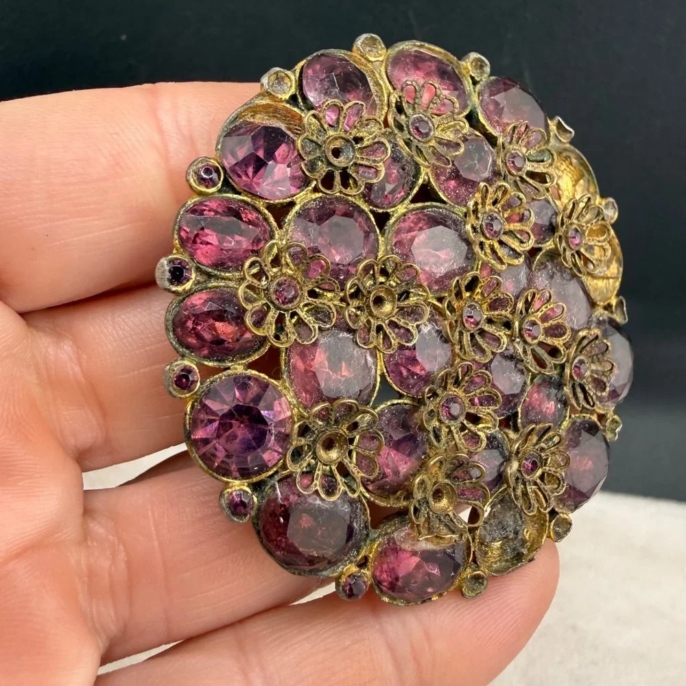 Vintage Rhinestone Brooch Gold Tone Purple Heavy WELL MADE  READ